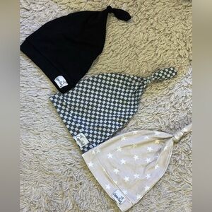3-Pack Kids Knot Beanies - Black, Gray Checkerboard & Cream Star